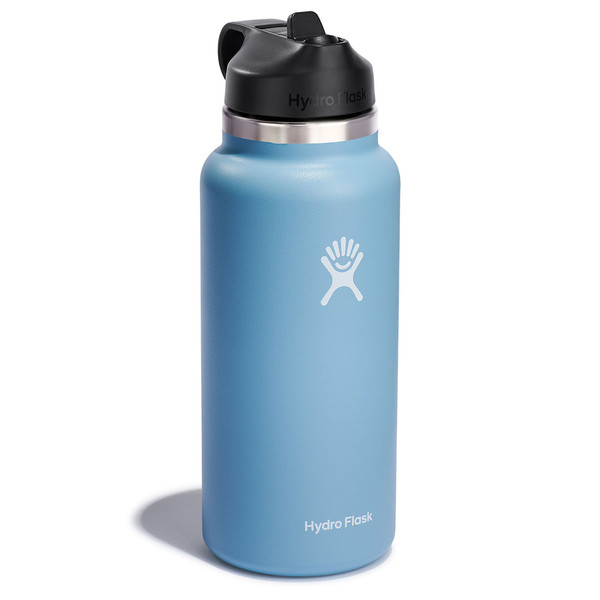 A light blue 32 ounce stainless steel Hydroflask water bottle with straw lid and handle strap.